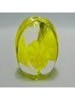 Vintage Hand Blown Glass Yellow Flower Paperweight